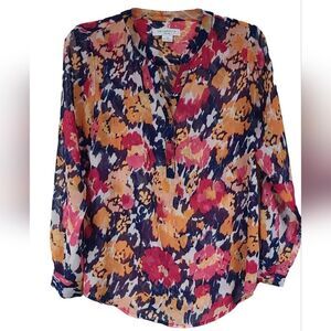 Liz Claiborne Petites Colorful Top Watercolor Chiffon Split Neck Henley Blouse